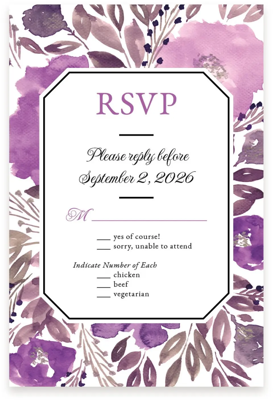 This is a  4" x 6" RSVP Postcards (Pocket Invitation) called Violet Watercolor printed in full color on Premium Smooth paper