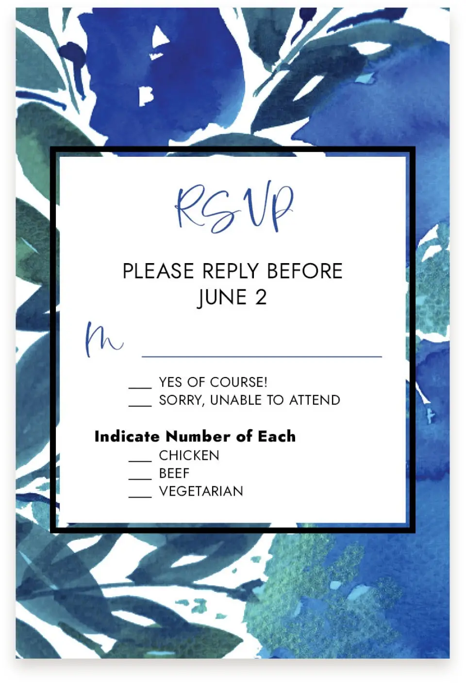 This is a  4" x 6" RSVP Postcards (Pocket Invitation) called Blue Blooms printed in full color on Premium Smooth paper