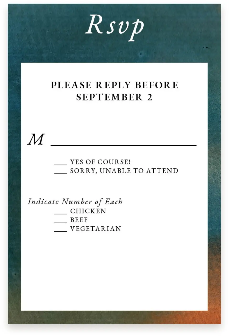 This is a  4" x 6" RSVP Postcards (Pocket Invitation) called Inked Elegance printed in full color on Premium Smooth paper