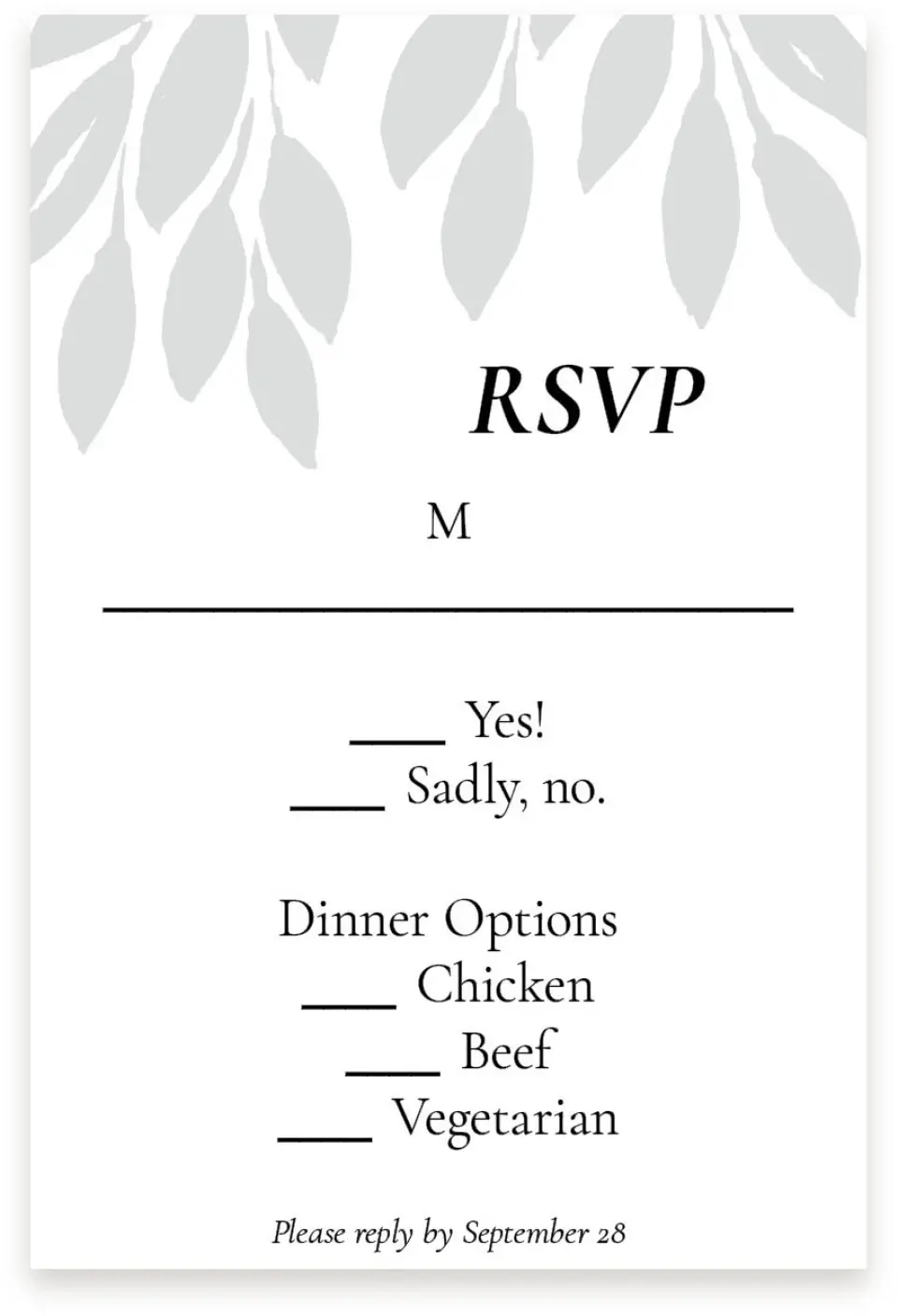 This is a  4" x 6" RSVP Postcards (Pocket Invitation) called Leafy Wonder printed in full color with Silver foil on Luxe Satin (coated) paper