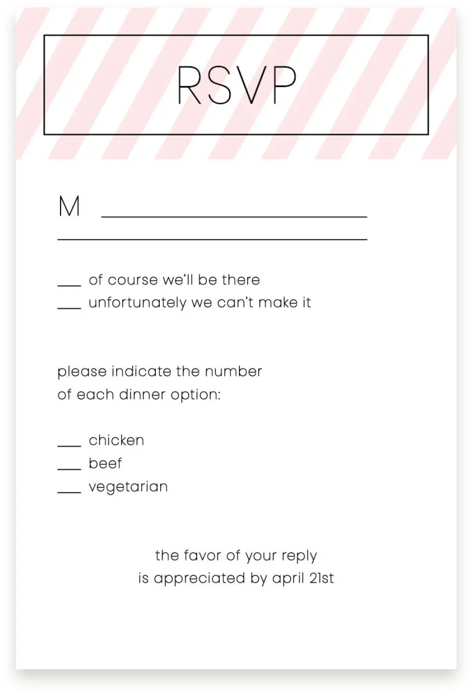 This is a  4" x 6" RSVP Postcards (Pocket Invitation) called Delightful Stripes printed in full color with Silver foil on Luxe Satin (coated) paper