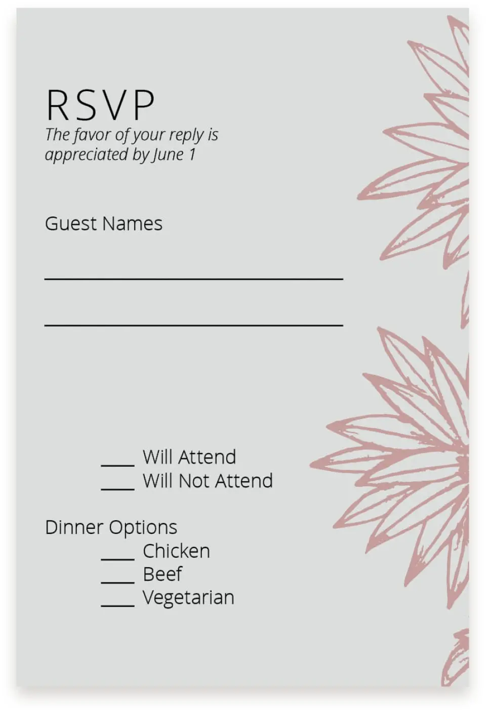 This is a  4" x 6" RSVP Postcards (Pocket Invitation) called Botanical Burst printed in full color with Silver foil on Luxe Satin (coated) paper