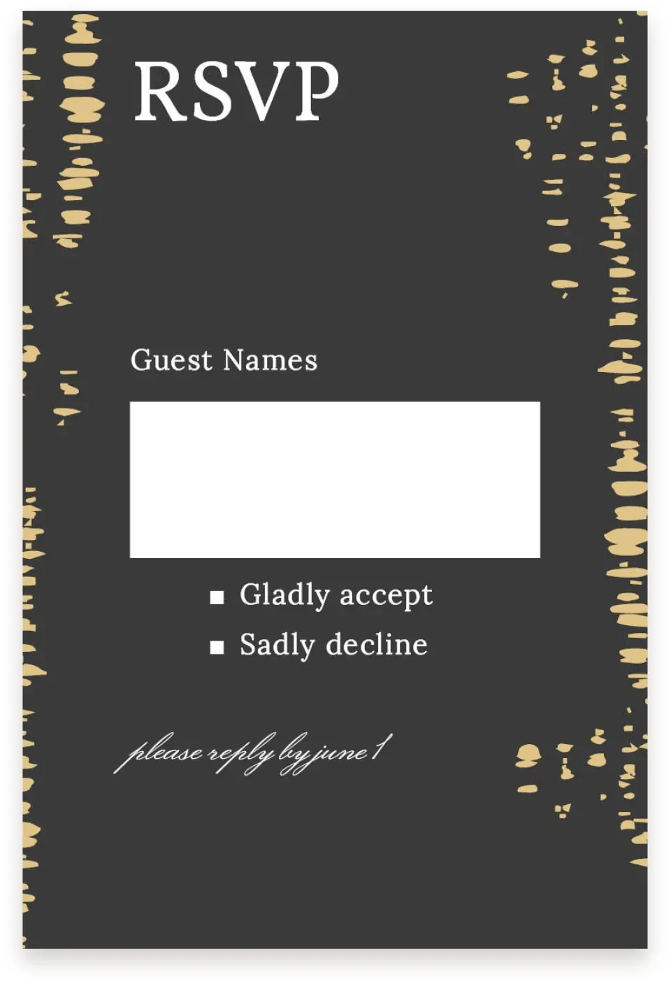 This is a  4" x 6" RSVP Postcards (Pocket Invitation) called Cascading Flecks printed in full color on Premium Smooth paper