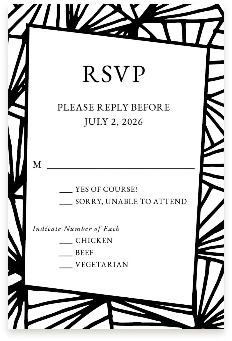 This is a  4" x 6" RSVP Postcards (Pocket Invitation) called Devoted Deco printed in full color with Silver foil on Luxe Satin (coated) paper