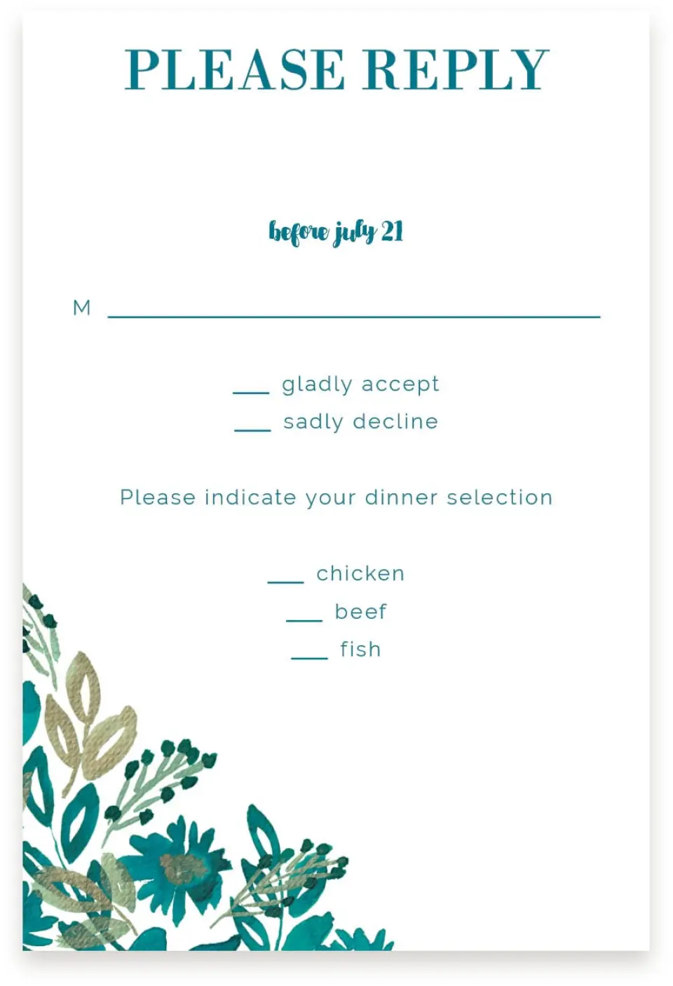 This is a  4" x 6" RSVP Postcards (Pocket Invitation) called Boho Floral printed in full color on Premium Smooth paper
