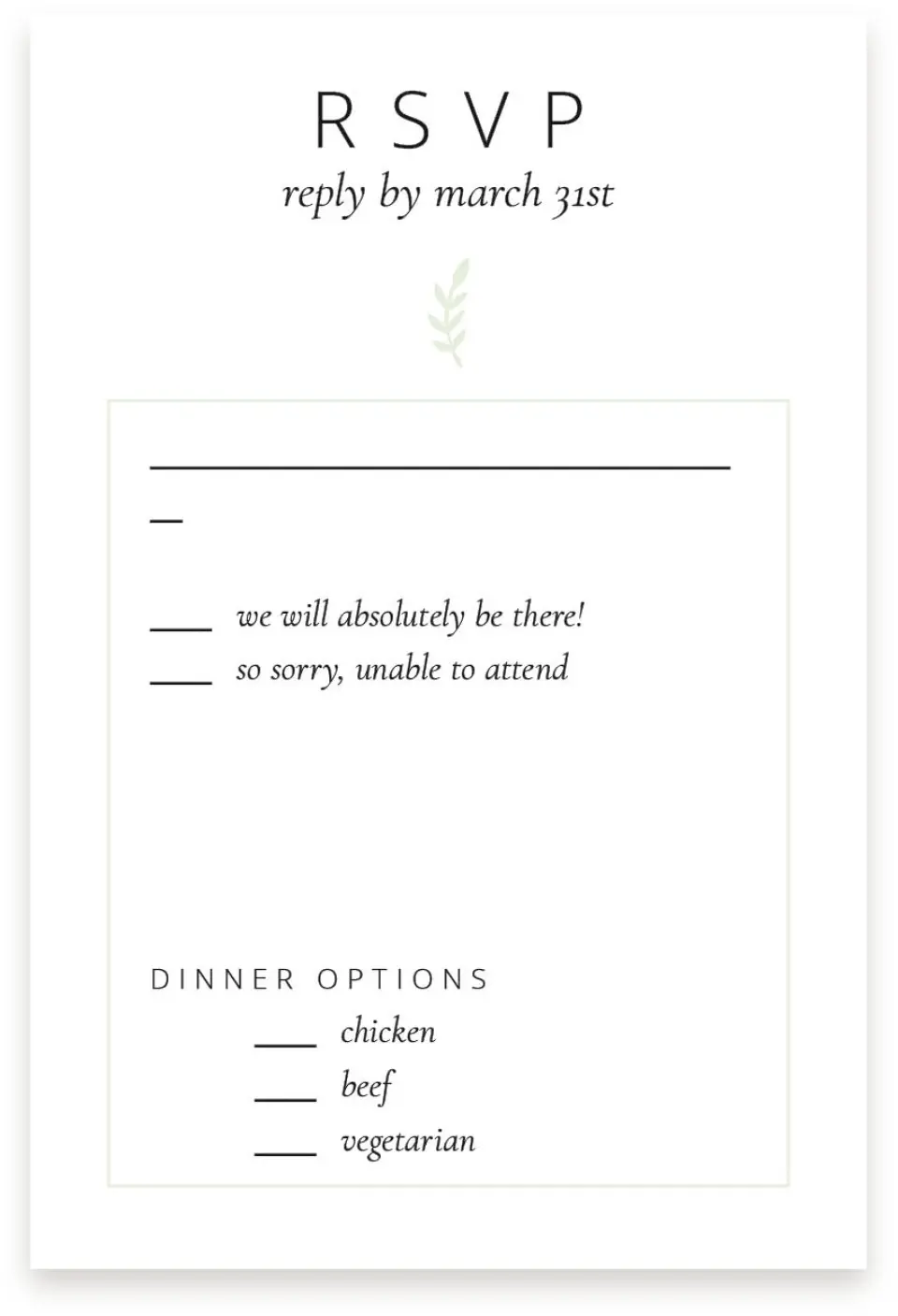 This is a  4" x 6" RSVP Postcards (Pocket Invitation) called Sweet Sprigs printed in full color with Silver foil on Luxe Satin (coated) paper
