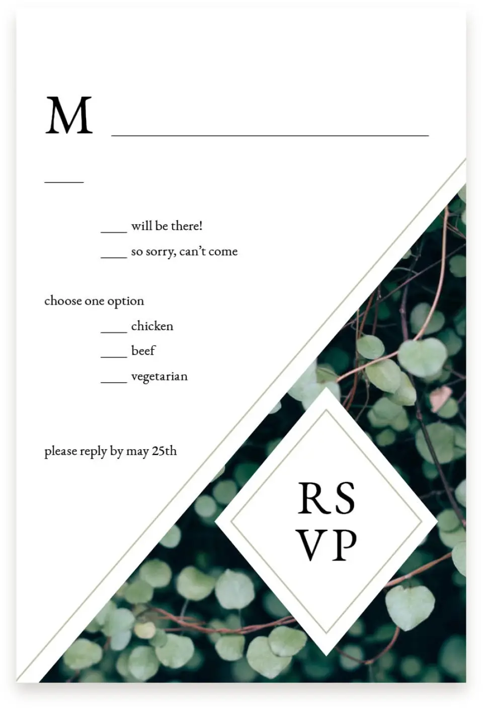 This is a  4" x 6" RSVP Postcards (Pocket Invitation) called Vogue Vineyard printed in full color with Silver foil on Luxe Satin (coated) paper