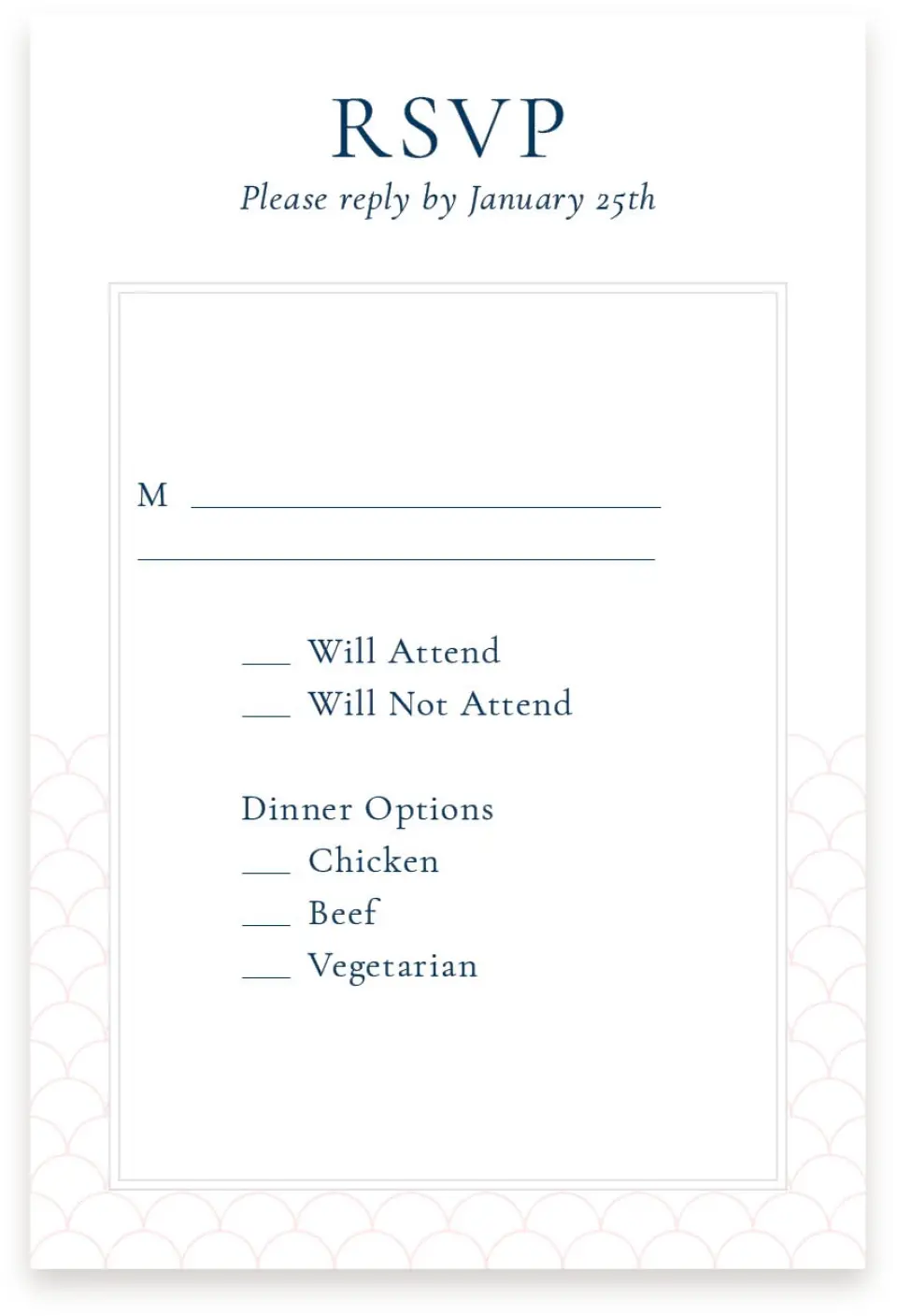 This is a  4" x 6" RSVP Postcards (Pocket Invitation) called Simply Scalloped printed in full color with Silver foil on Luxe Satin (coated) paper