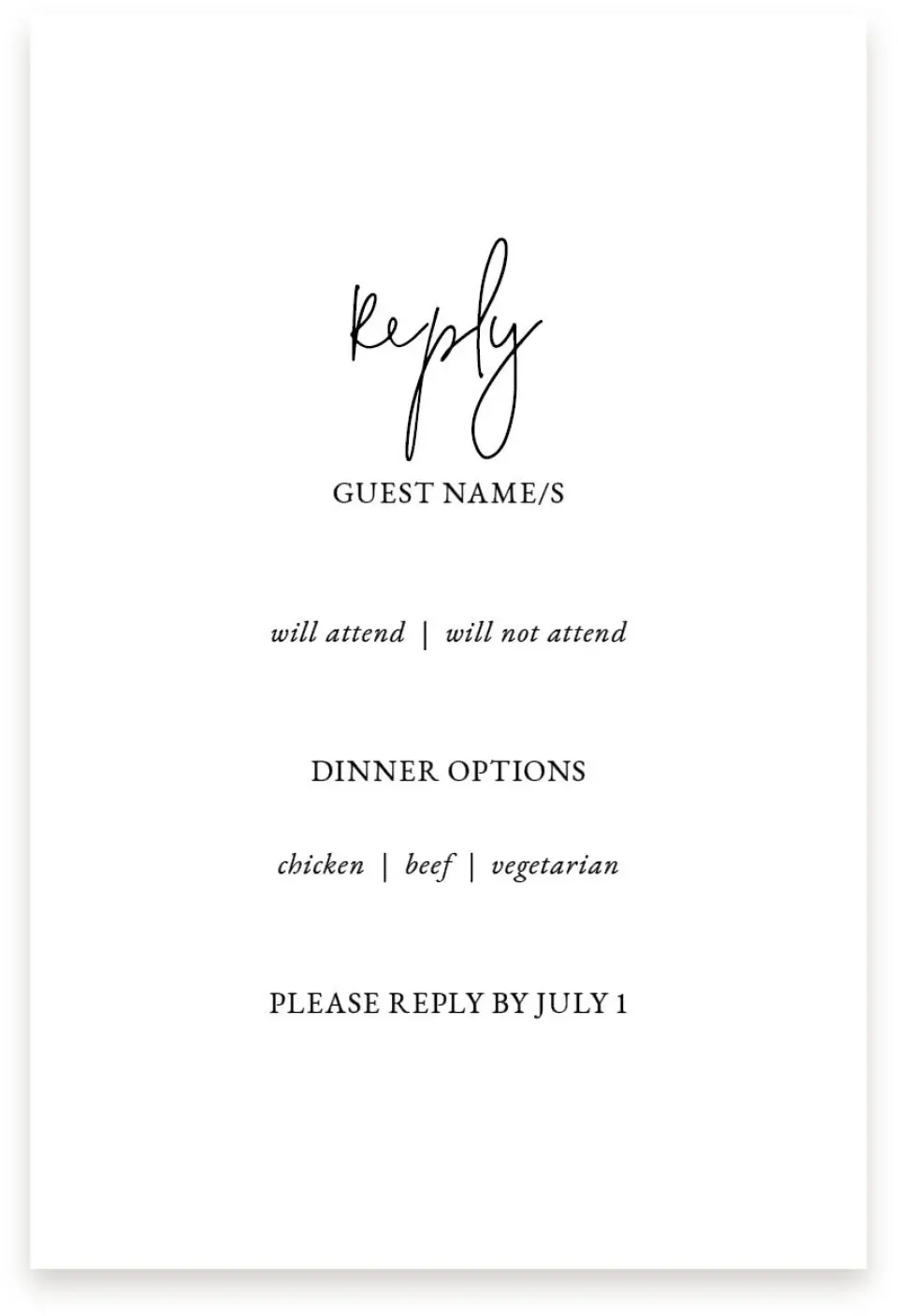 This is a  4" x 6" RSVP Postcards (Pocket Invitation) called Sensibly Simple printed in full color with Silver foil on Luxe Satin (coated) paper
