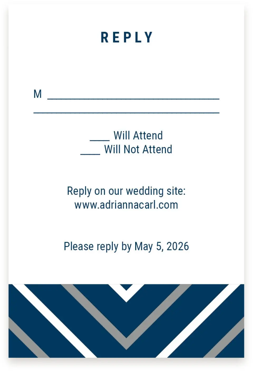 This is a  4" x 6" RSVP Postcards (Pocket Invitation) called Posh Chevron printed in full color with Silver foil on Luxe Satin (coated) paper