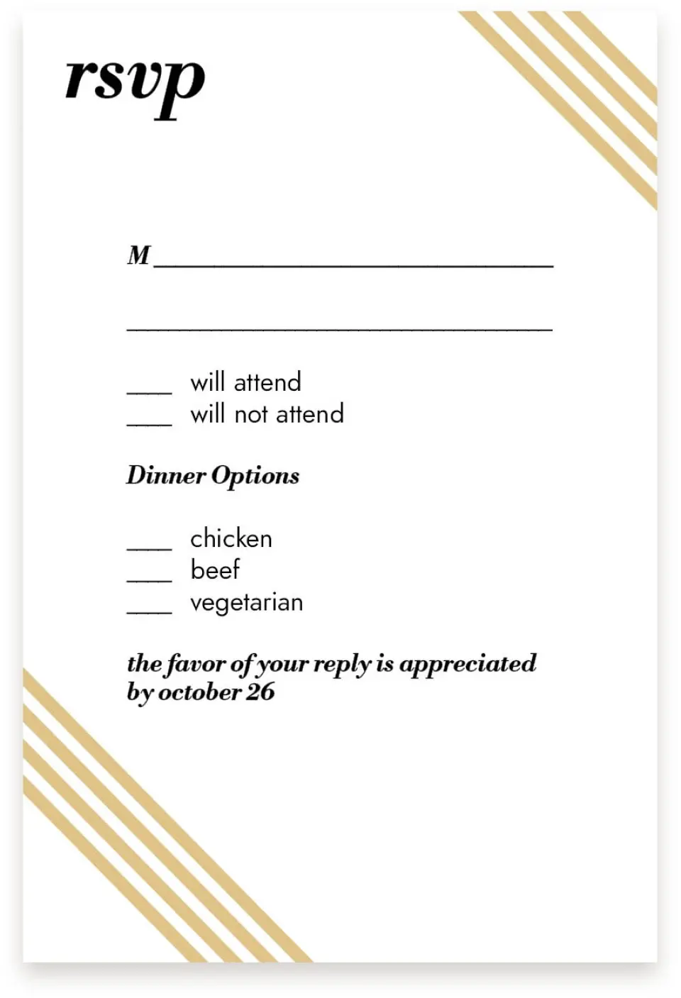 This is a  4" x 6" RSVP Postcards (Pocket Invitation) called Forever Gilded printed in full color on Premium Smooth paper