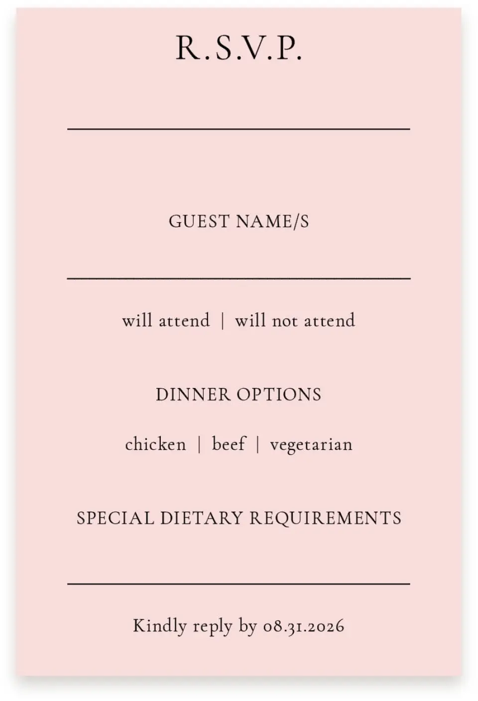 This is a  4" x 6" RSVP Postcards (Pocket Invitation) called Lovely Blush printed in full color with Silver foil on Luxe Satin (coated) paper