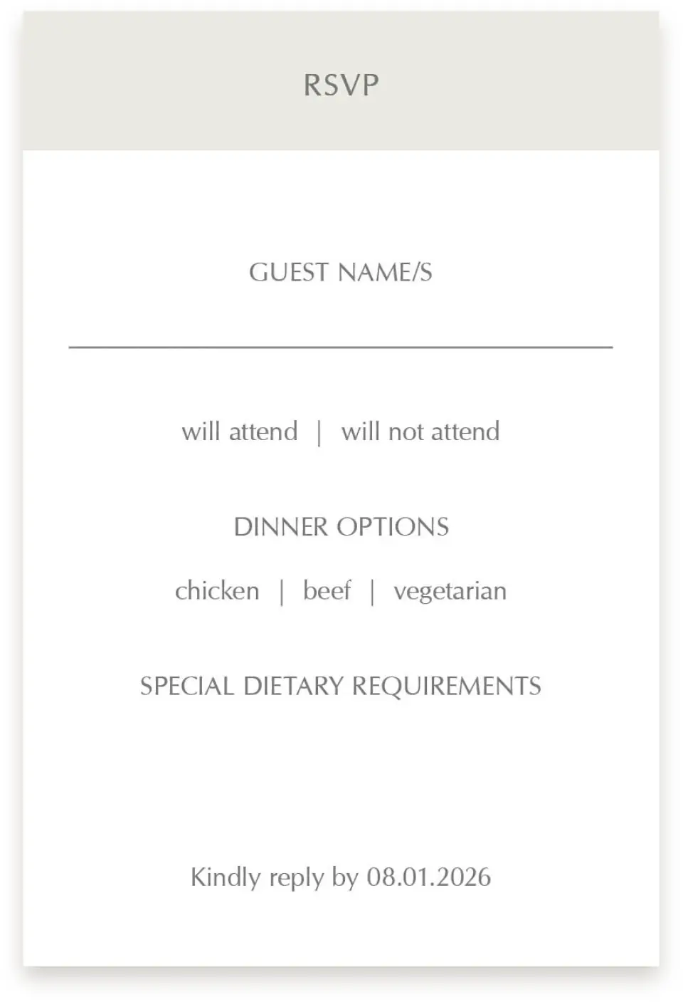 This is a  4" x 6" RSVP Postcards (Pocket Invitation) called Exquisitely Simple printed in full color on Premium Smooth paper