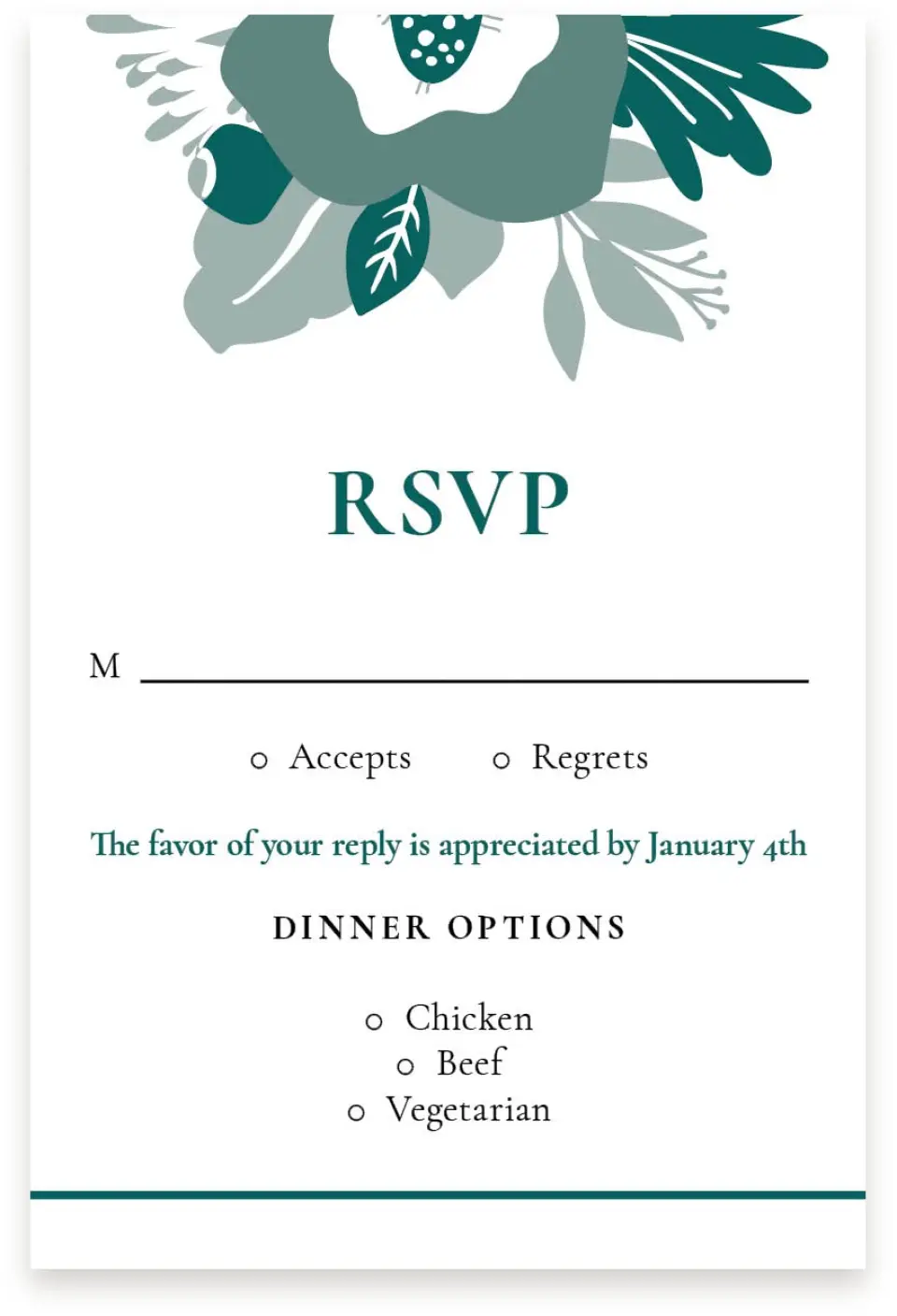 This is a  4" x 6" RSVP Postcards (Pocket Invitation) called Blooming Delight printed in full color with Silver foil on Luxe Satin (coated) paper