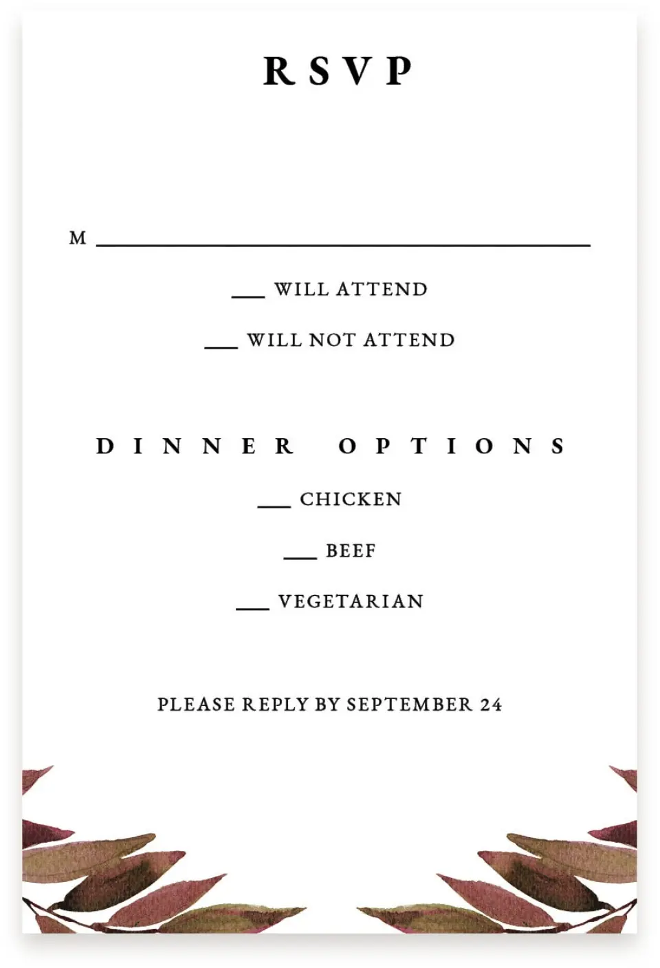 This is a  4" x 6" RSVP Postcards (Pocket Invitation) called Lavish Leaves printed in full color on Premium Smooth paper