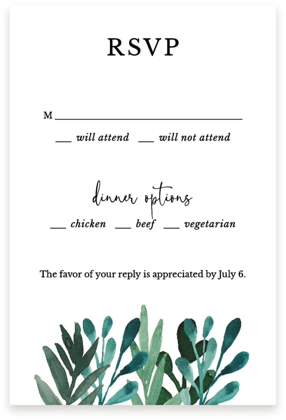 This is a  4" x 6" RSVP Postcards (Pocket Invitation) called Breathtaking Boughs printed in full color on Premium Smooth paper