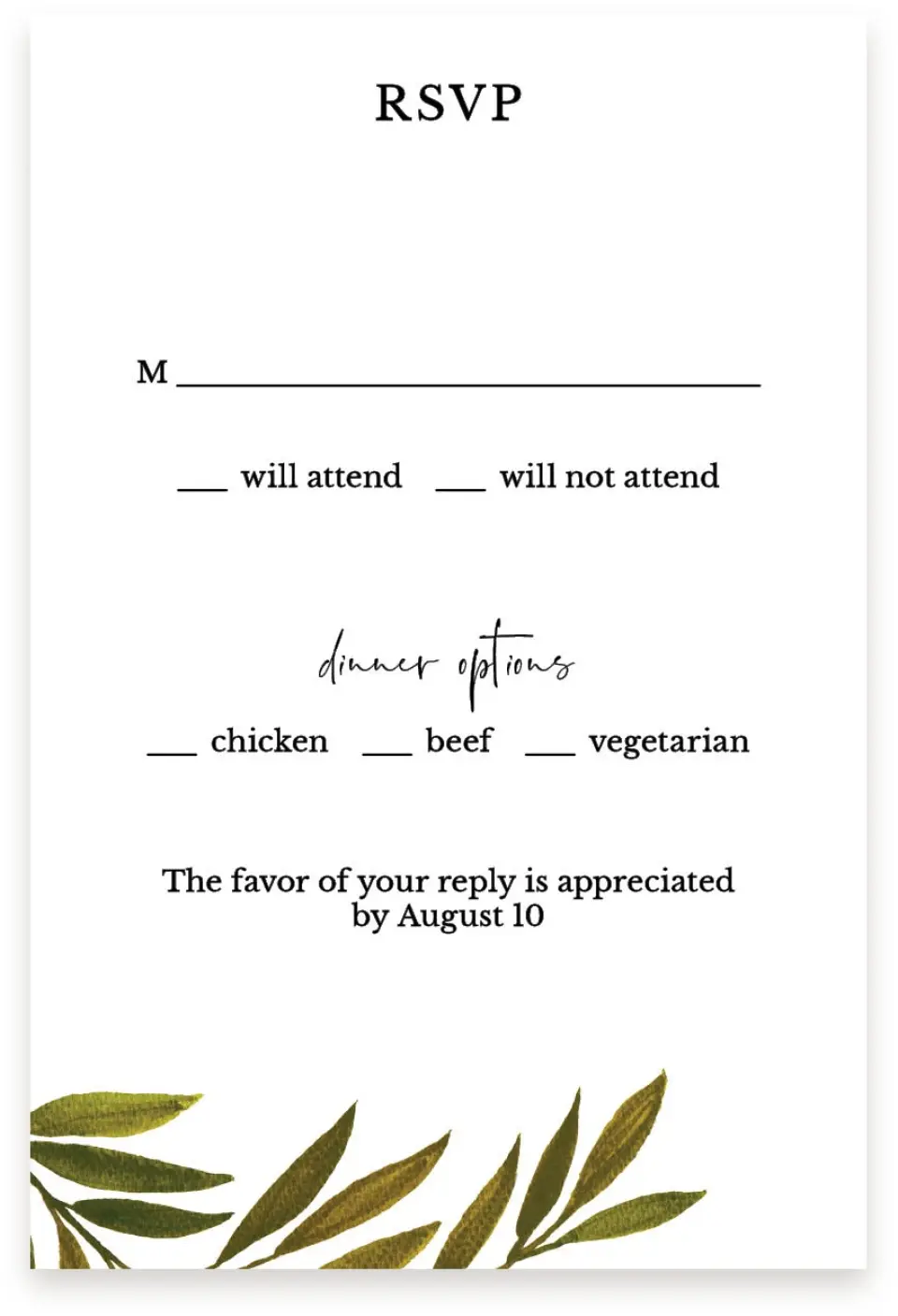 This is a  4" x 6" RSVP Postcards (Pocket Invitation) called Gilded Sage printed in full color on Premium Smooth paper