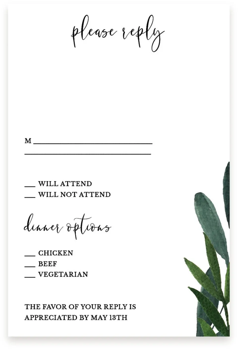 This is a  4" x 6" RSVP Postcards (Pocket Invitation) called Painted Greens printed in full color with Silver foil on Luxe Satin (coated) paper