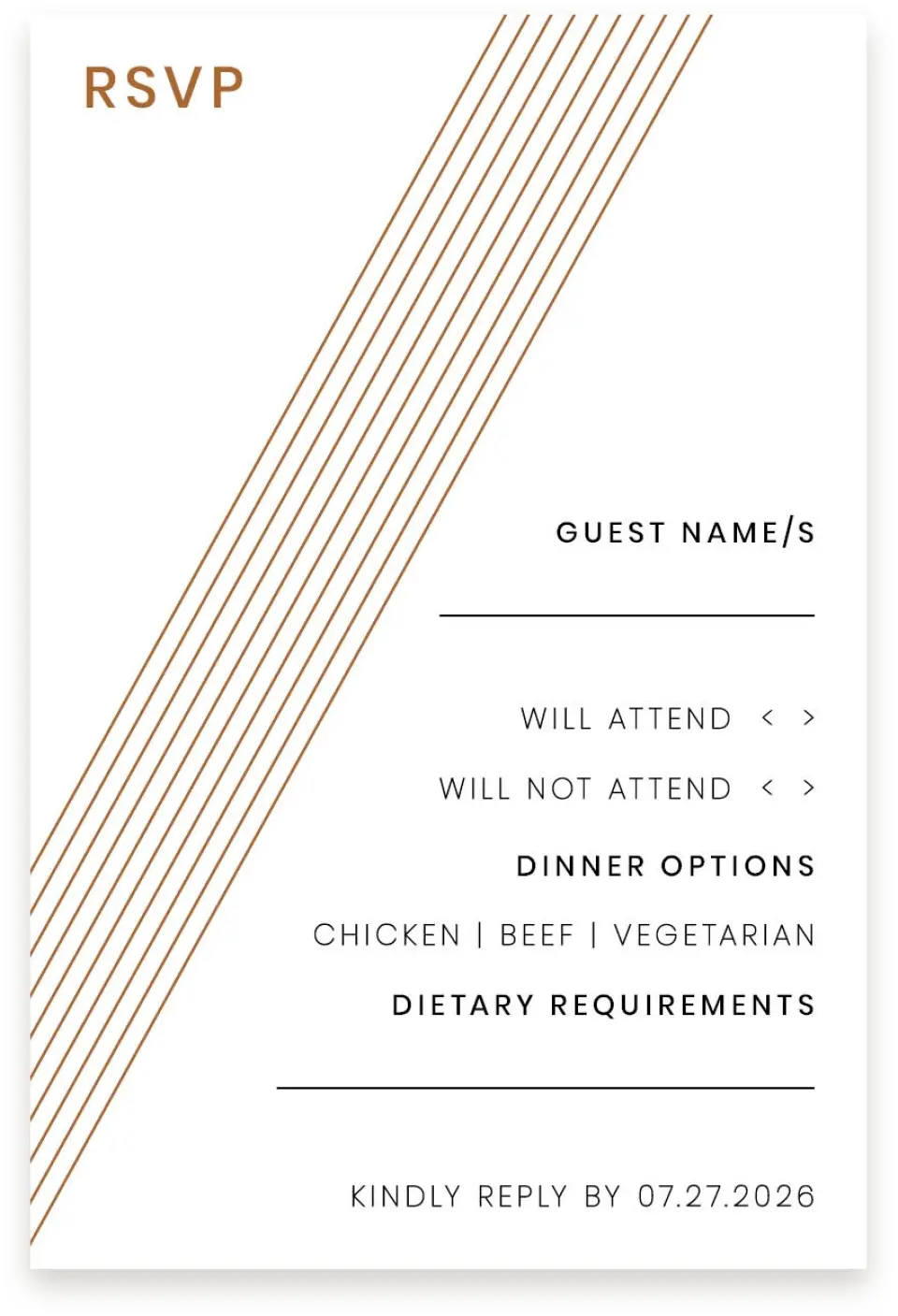 This is a  4" x 6" RSVP Postcards (Pocket Invitation) called Dashing Strands printed in full color on Premium Smooth paper