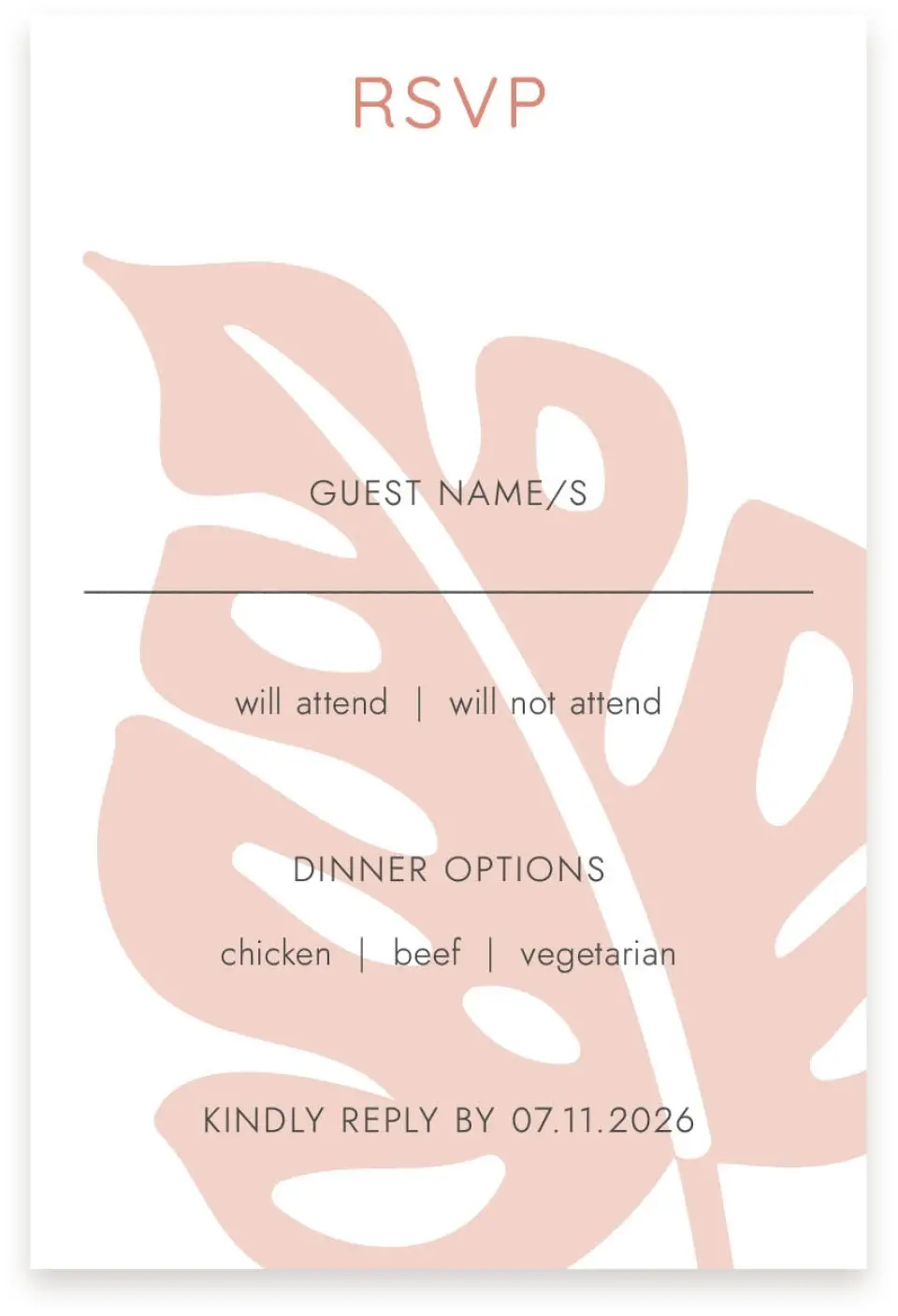 This is a  4" x 6" RSVP Postcards (Pocket Invitation) called Tropical Palms printed in full color on Premium Smooth paper