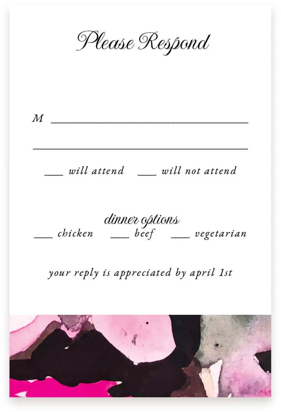 This is a  4" x 6" RSVP Postcards (Pocket Invitation) called Dark Blooms printed in full color on Premium Smooth paper