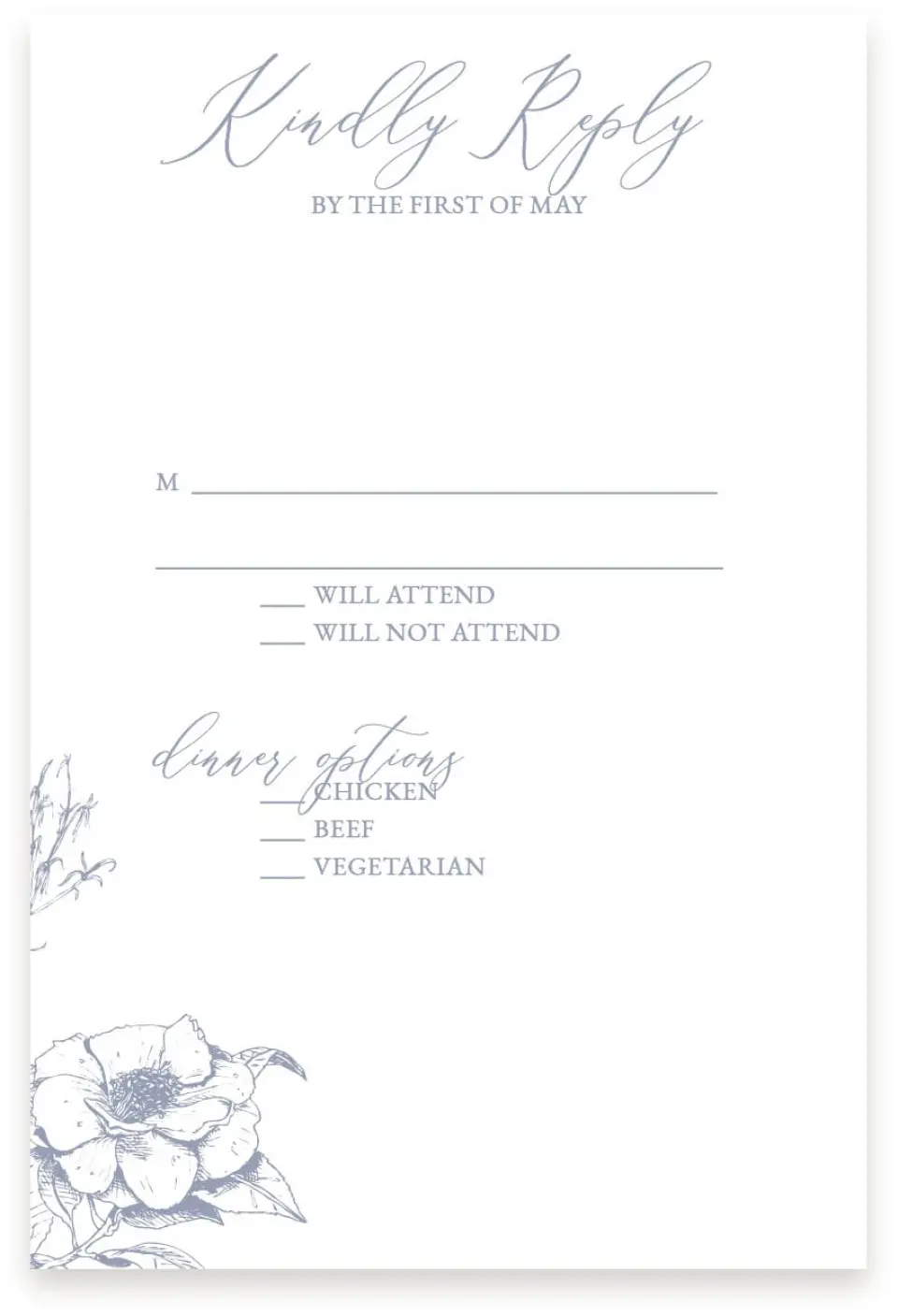 This is a  4" x 6" RSVP Postcards (Pocket Invitation) called Gentle Bouquet printed in full color with Silver foil on Luxe Satin (coated) paper