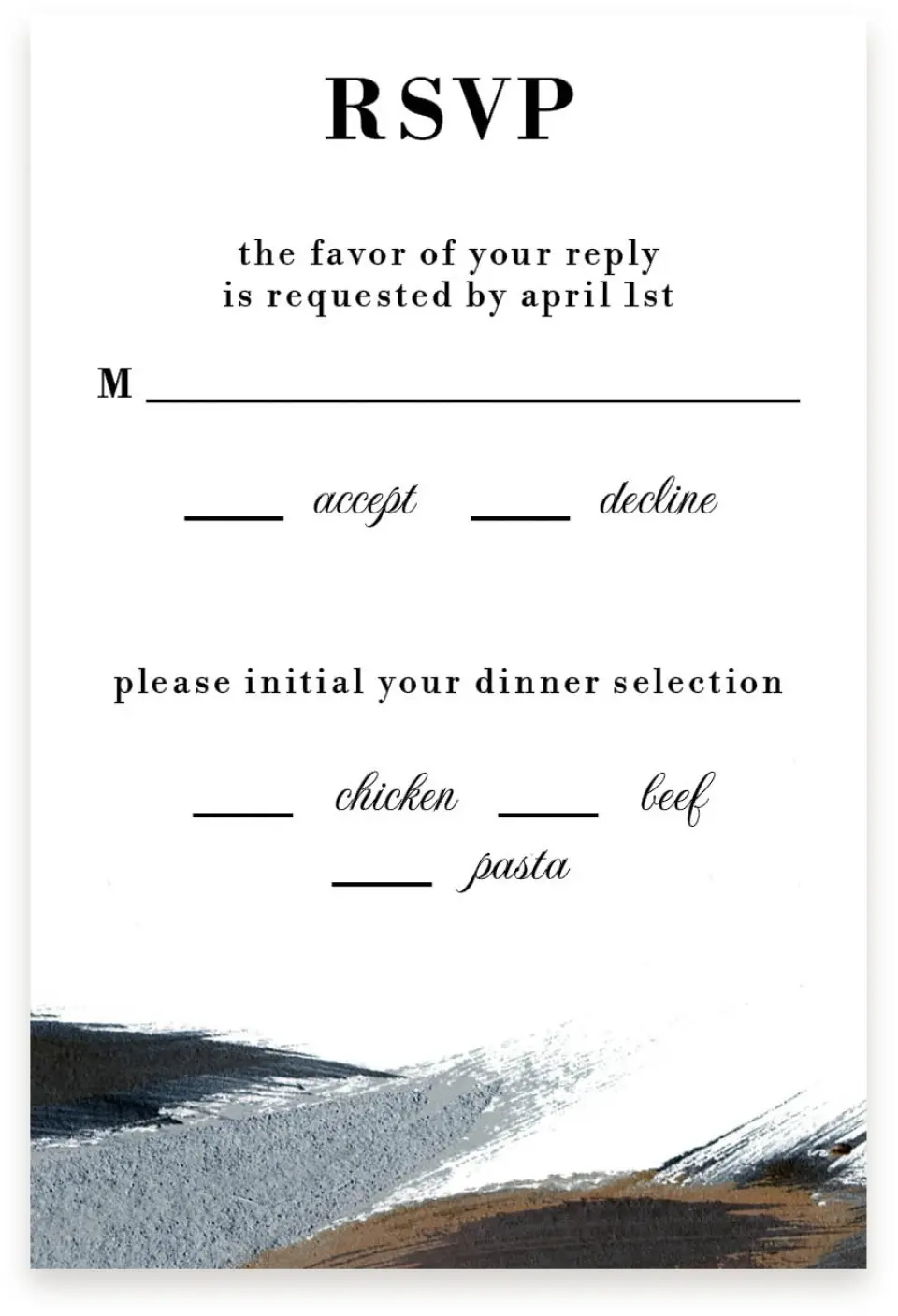 This is a  4" x 6" RSVP Postcards (Pocket Invitation) called Moody Swashes printed in full color with Silver foil on Luxe Satin (coated) paper