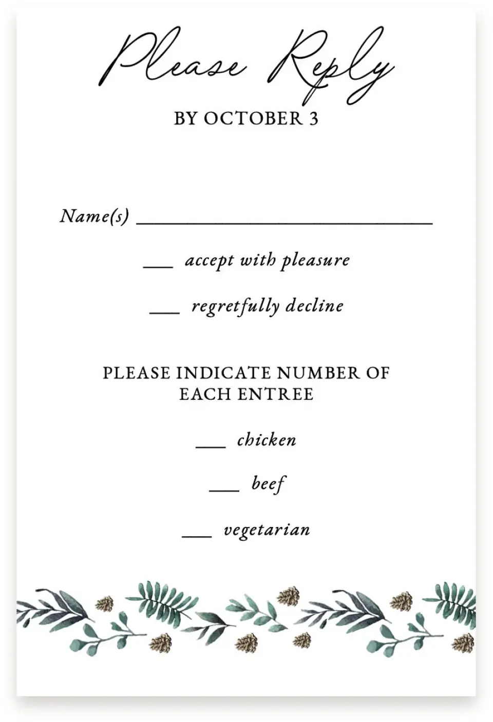 This is a  4" x 6" RSVP Postcards (Pocket Invitation) called Pinecone Allure printed in full color with Silver foil on Luxe Satin (coated) paper