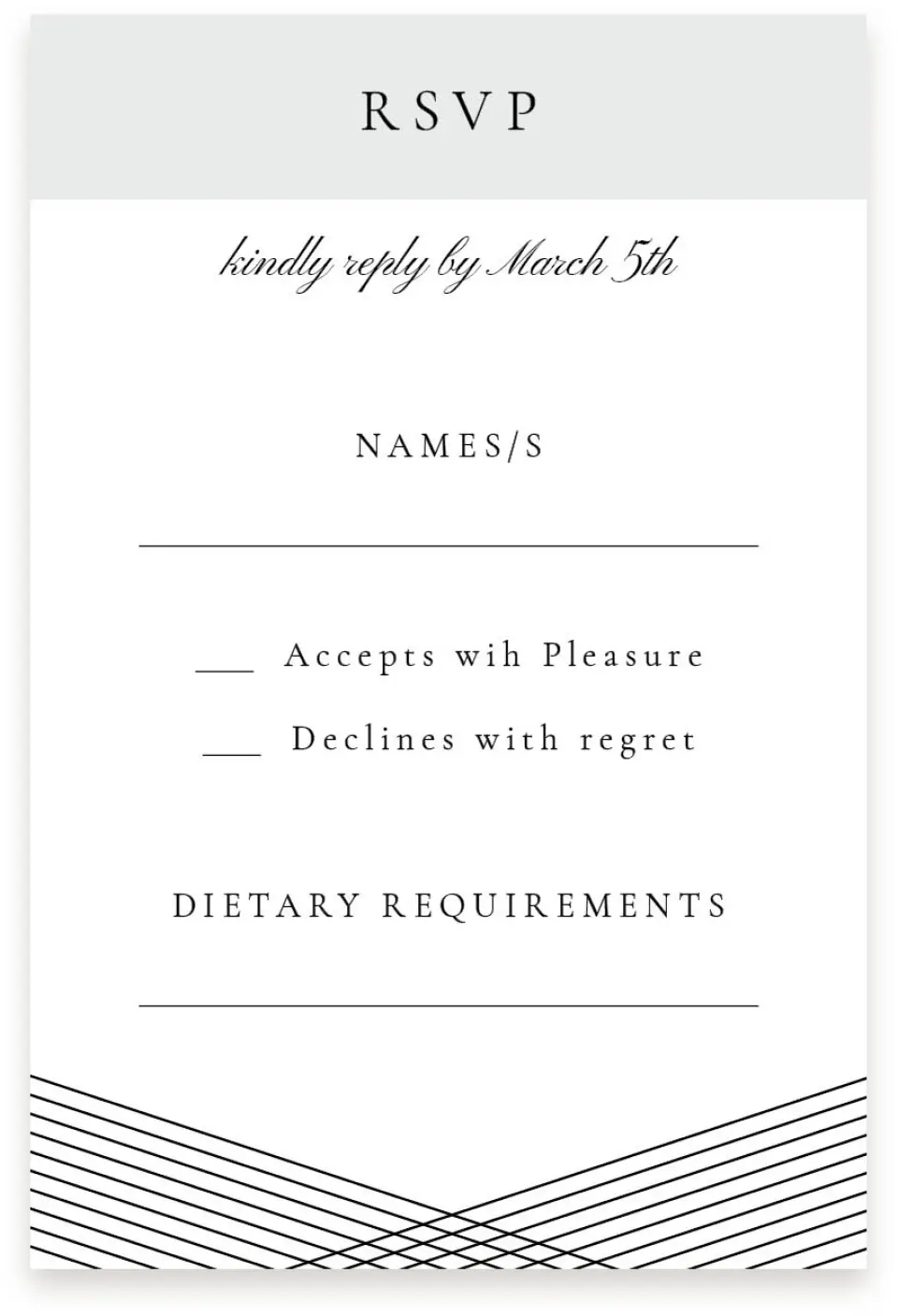 This is a  4" x 6" RSVP Postcards (Pocket Invitation) called Dearest Lines printed in full color with Silver foil on Luxe Satin (coated) paper