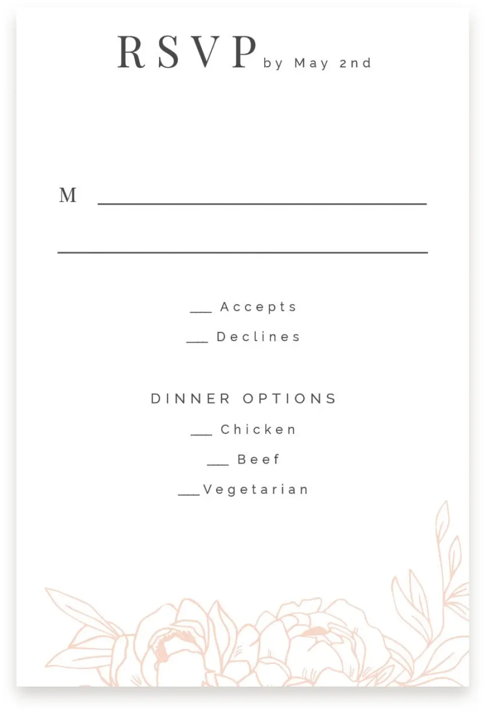This is a  4" x 6" RSVP Postcards (Pocket Invitation) called Floral Outline printed in full color on Premium Smooth paper