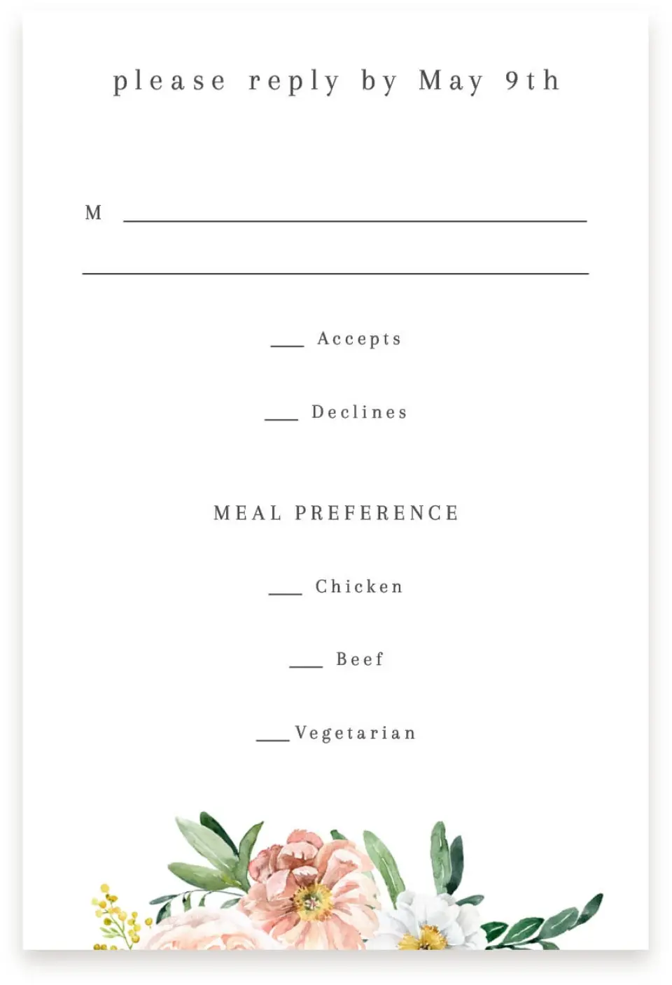 This is a  4" x 6" RSVP Postcards (Pocket Invitation) called Delicate Florals printed in full color on Premium Smooth paper