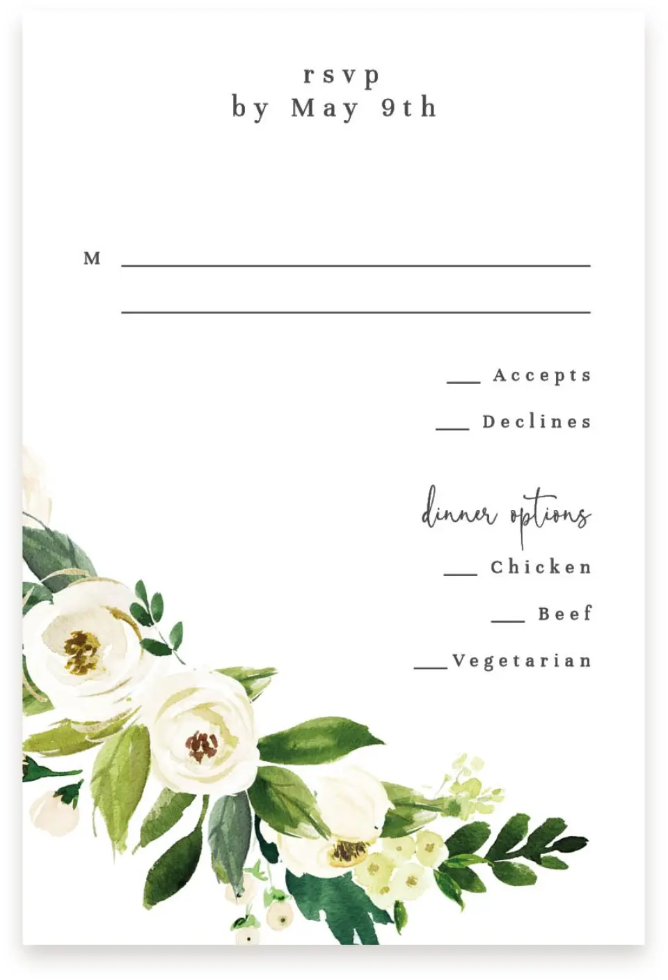 This is a  4" x 6" RSVP Postcards (Pocket Invitation) called Wedding Florals printed in full color on Premium Smooth paper