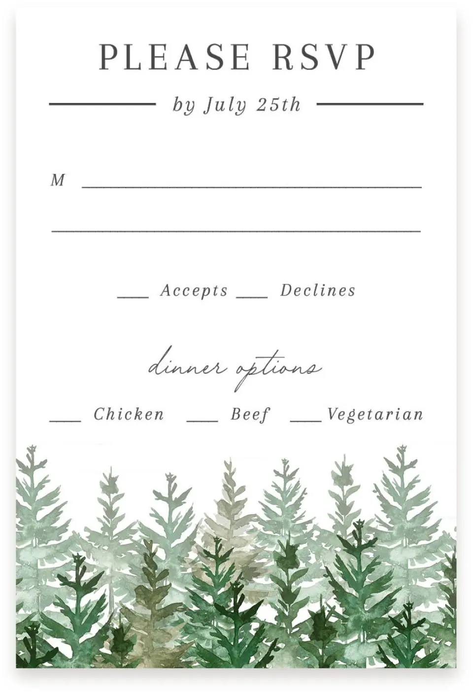 This is a  4" x 6" RSVP Postcards (Pocket Invitation) called Ethereal Evergreens printed in full color with Silver foil on Luxe Satin (coated) paper