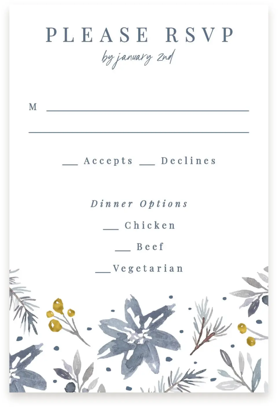 This is a  4" x 6" RSVP Postcards (Pocket Invitation) called Winter Floral printed in full color with Silver foil on Luxe Satin (coated) paper