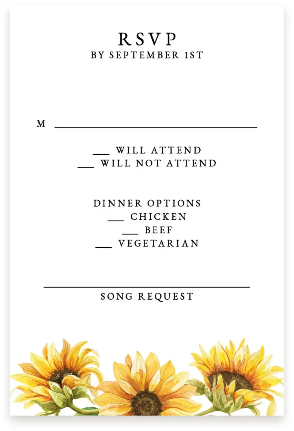 This is a  4" x 6" RSVP Postcards (Pocket Invitation) called Sunflower Bliss printed in full color with Silver foil on Luxe Satin (coated) paper