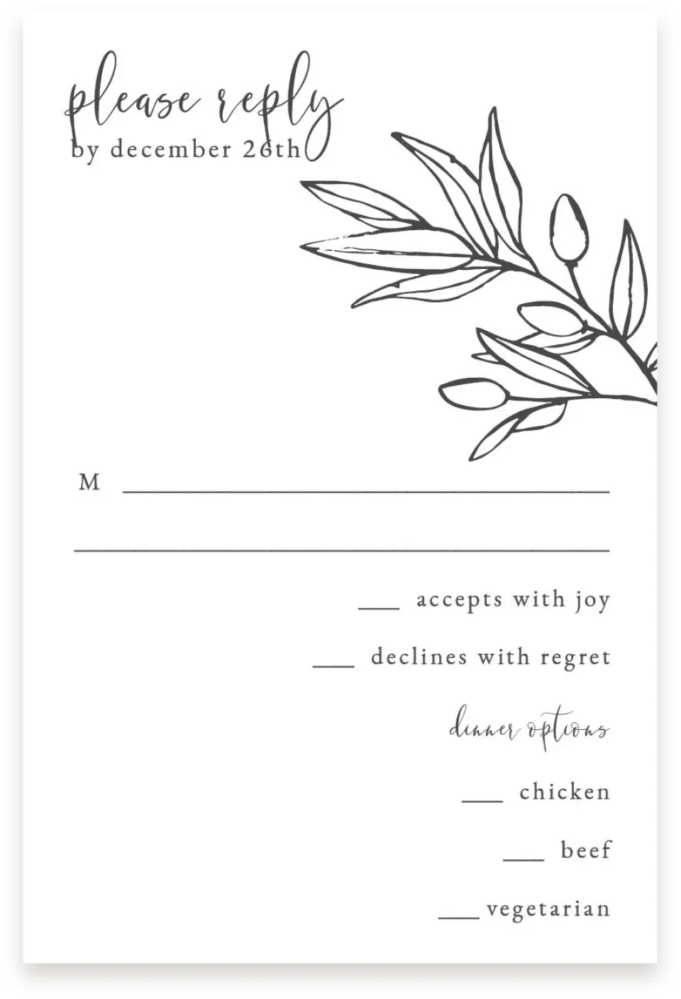 This is a  4" x 6" RSVP Postcards (Pocket Invitation) called Branch Sketch printed in full color on Premium Smooth paper