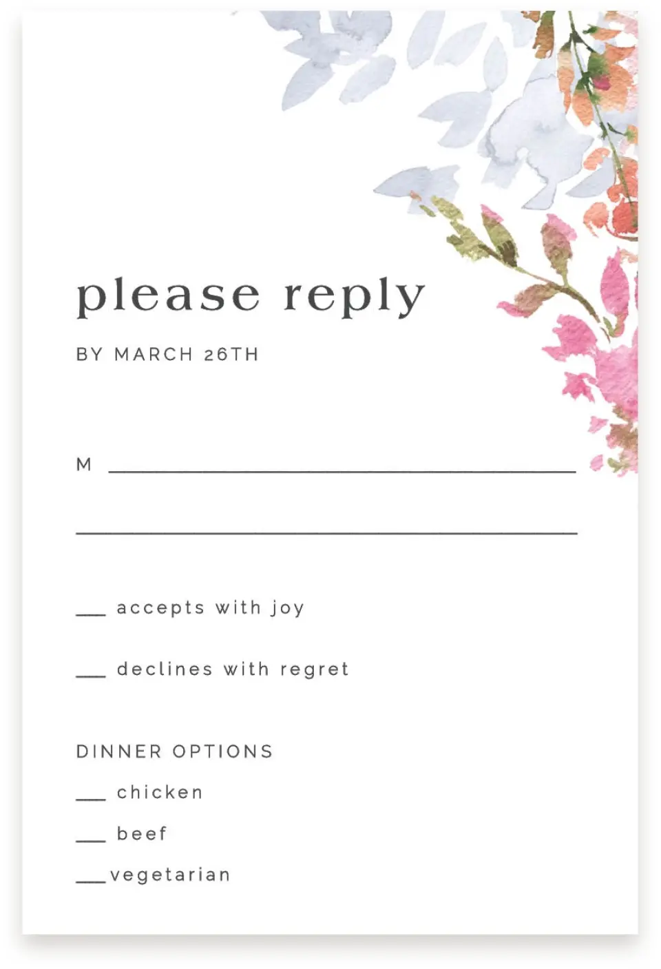 This is a  4" x 6" RSVP Postcards (Pocket Invitation) called Blushing Bouquet printed in full color on Premium Smooth paper