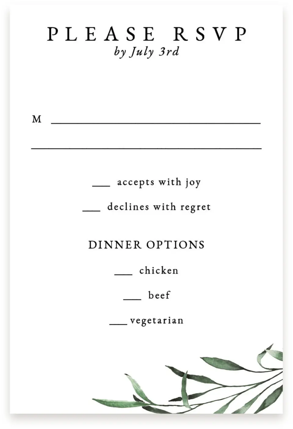 This is a  4" x 6" RSVP Postcards (Pocket Invitation) called Tender Twig printed in full color with Silver foil on Luxe Satin (coated) paper