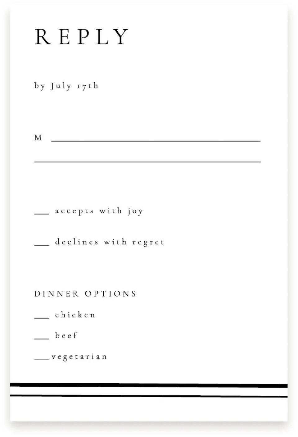 This is a  4" x 6" RSVP Postcards (Pocket Invitation) called Modern Trim printed in full color on Premium Smooth paper