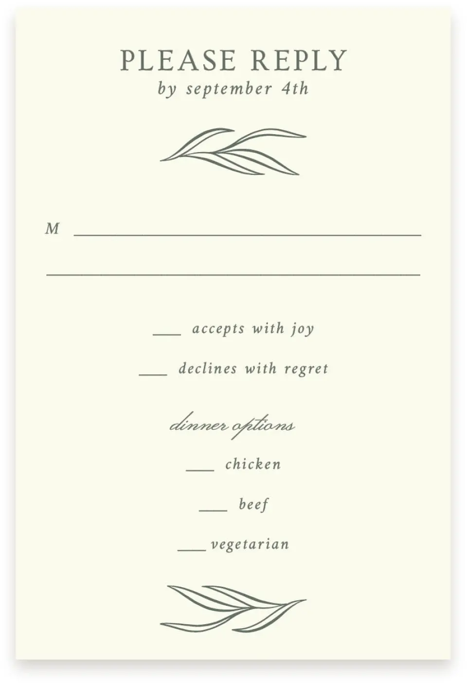 This is a  4" x 6" RSVP Postcards (Pocket Invitation) called Whisper Twig printed in full color on Premium Smooth paper