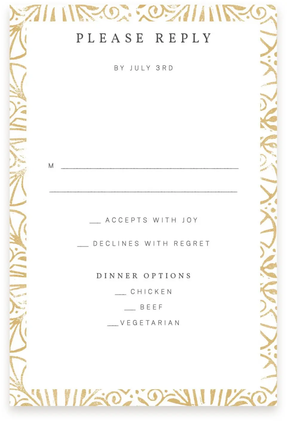 This is a  4" x 6" RSVP Postcards (Pocket Invitation) called Decorated Luxury printed in full color on Premium Smooth paper