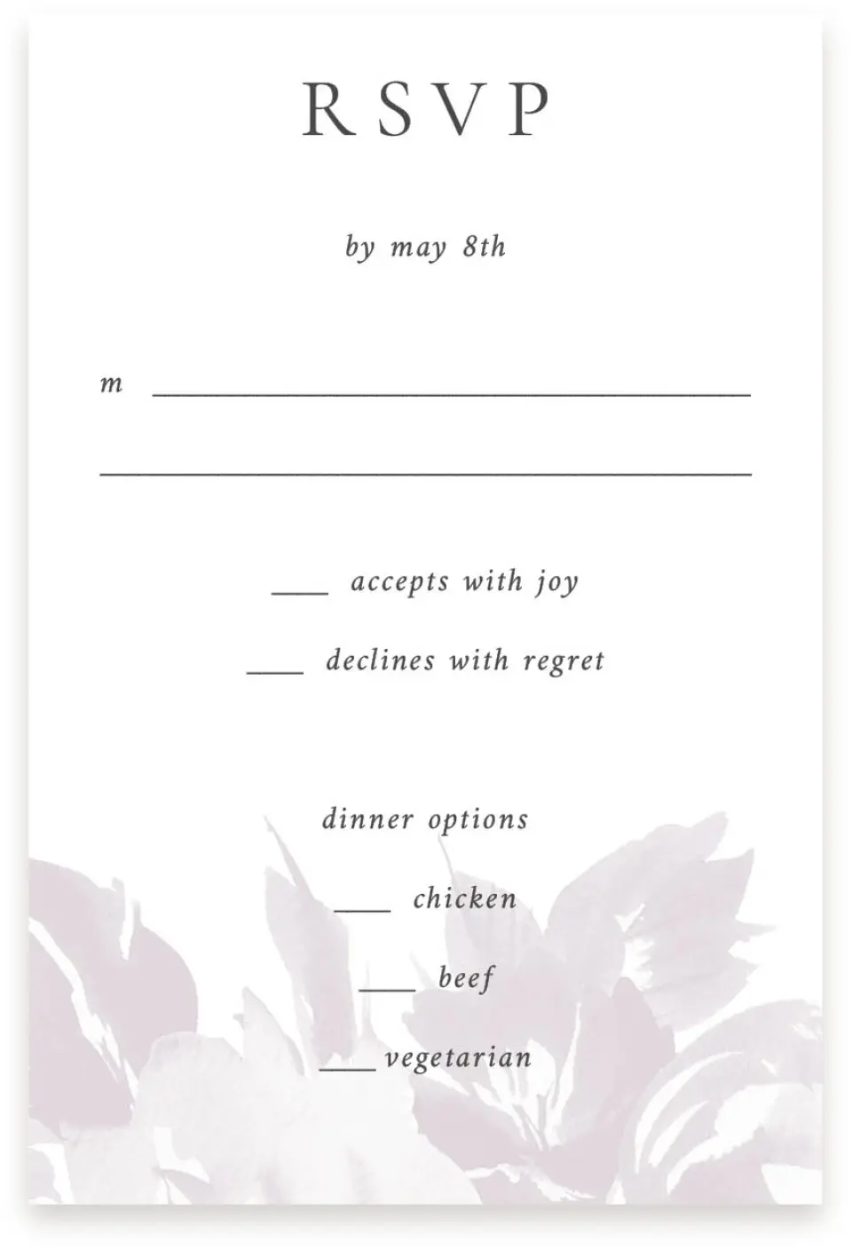 This is a  4" x 6" RSVP Postcards (Pocket Invitation) called Floral Burst printed in full color with Silver foil on Luxe Satin (coated) paper