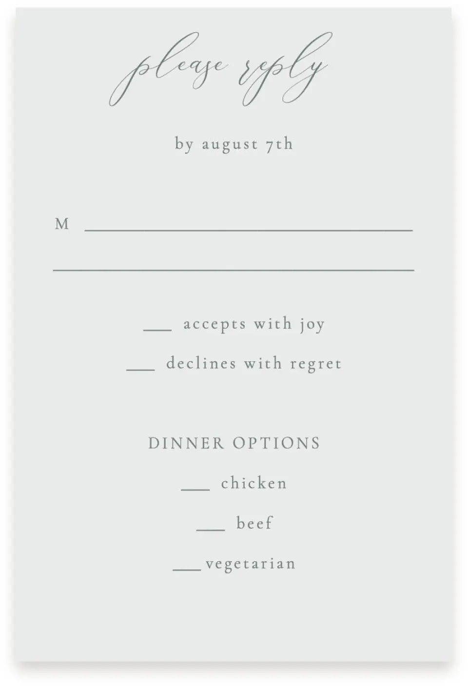 This is a  4" x 6" RSVP Postcards (Pocket Invitation) called Timeless Order printed in full color on Premium Smooth paper
