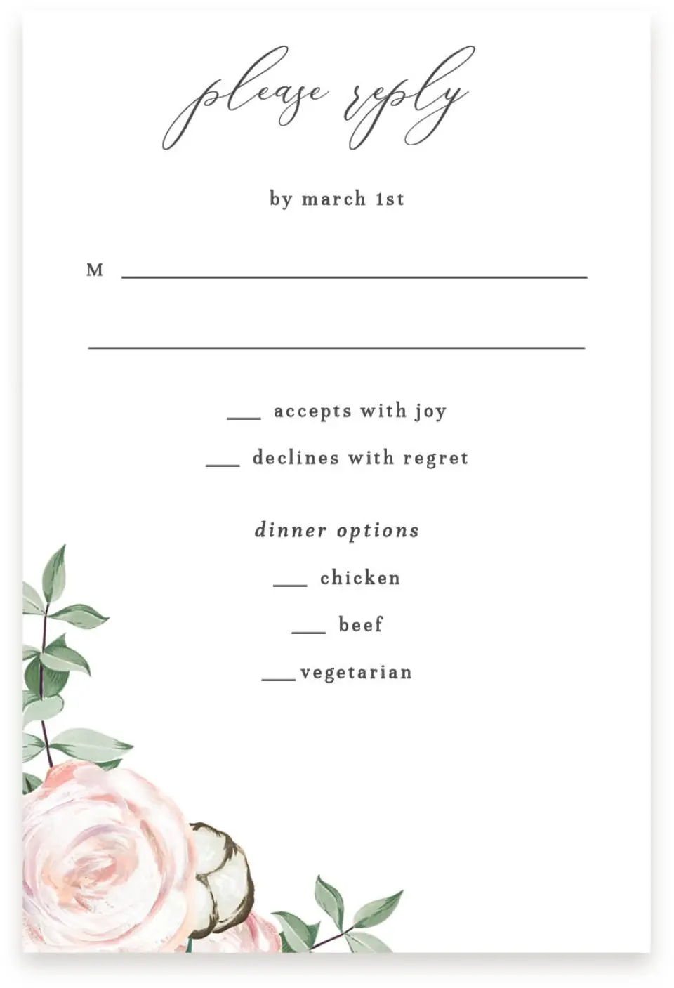 This is a  4" x 6" RSVP Postcards (Pocket Invitation) called Soft Rose printed in full color on Premium Smooth paper