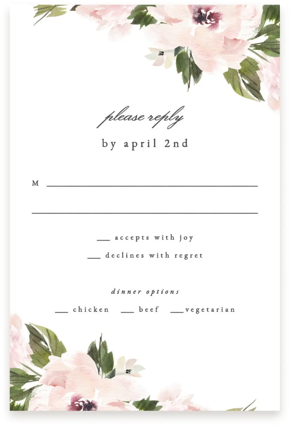 This is a  4" x 6" RSVP Postcards (Pocket Invitation) called Sweet Floral printed in full color with Silver foil on Luxe Satin (coated) paper