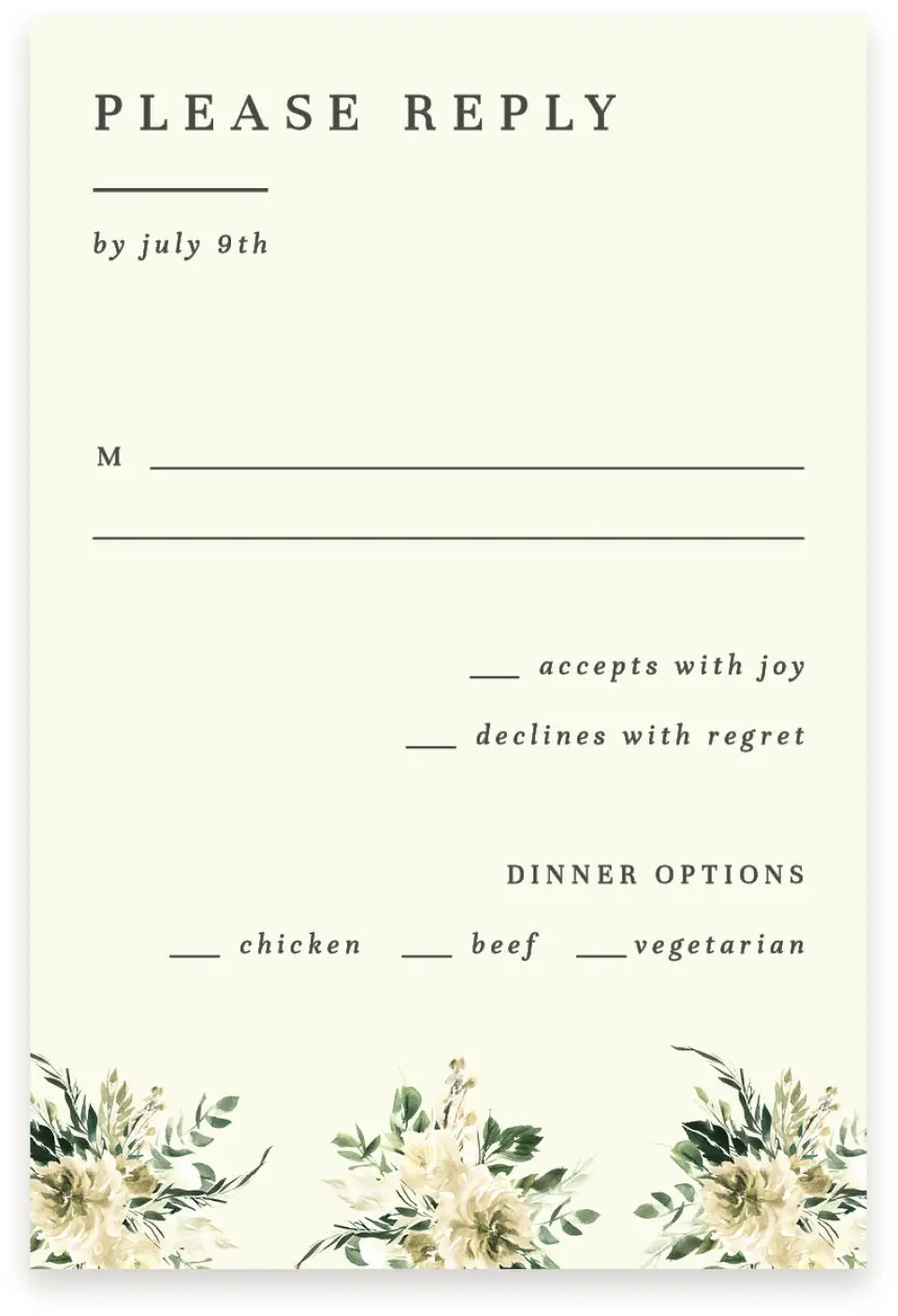 This is a  4" x 6" RSVP Postcards (Pocket Invitation) called Honest Bouquet printed in full color with Silver foil on Luxe Satin (coated) paper