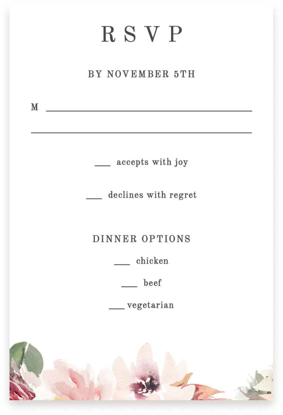 This is a  4" x 6" RSVP Postcards (Pocket Invitation) called Natural Floral printed in full color on Premium Smooth paper