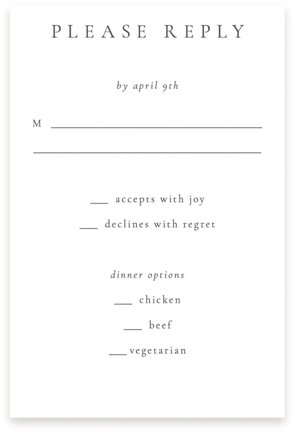 This is a  4" x 6" RSVP Postcards (Pocket Invitation) called Modest Moment printed in full color on Premium Smooth paper