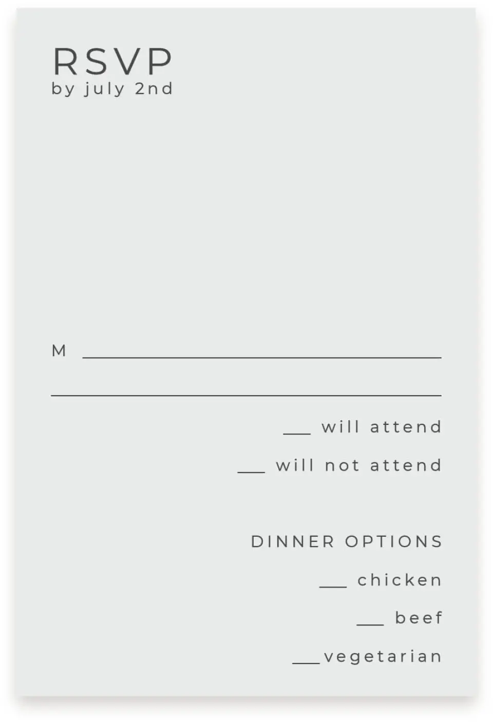This is a  4" x 6" RSVP Postcards (Pocket Invitation) called Initial Hush printed in full color on Premium Smooth paper