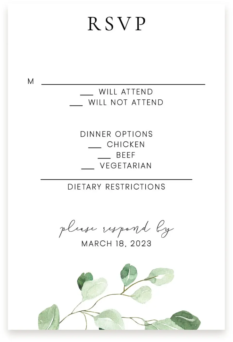 This is a  4" x 6" RSVP Postcards (Pocket Invitation) called Sweet Greenery printed in full color on Premium Smooth paper